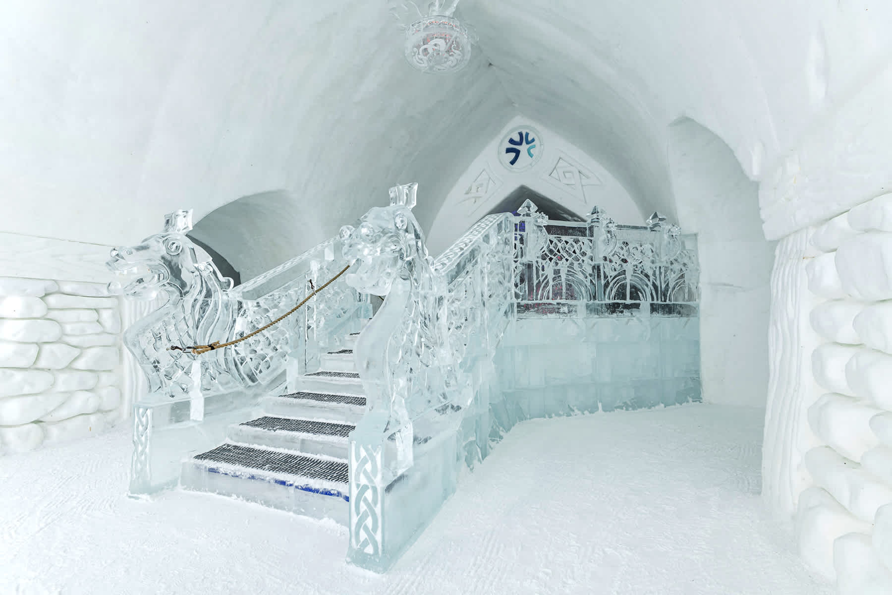 inside ice hotel in quebec ice sulptures